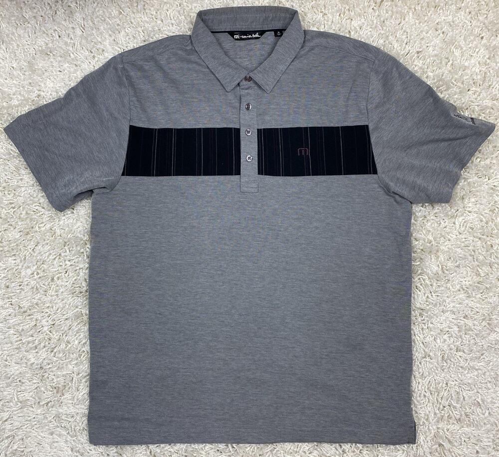 Travis Mathew Men's XL Gray Navy Chest Stripe Golf Polo Short Sleeve